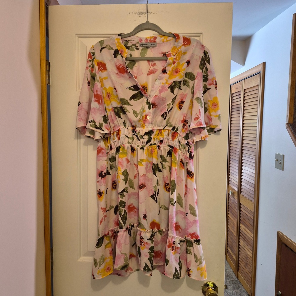 Absolutely Famous Floral Mini Dress Large Pink Yellow Boho Smocked Waist Ruffle